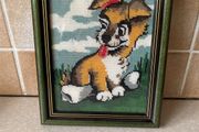 Framed Handmade Cross stitch Tapestry Puppy