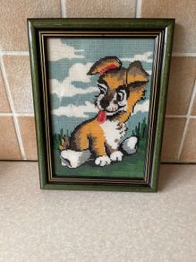Framed Handmade Cross stitch Tapestry Puppy