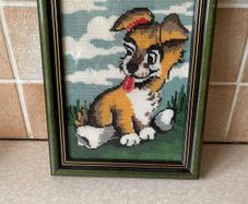 Framed Handmade Cross stitch Tapestry Puppy
