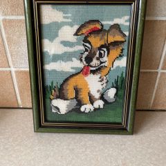Framed Handmade Cross stitch Tapestry Puppy