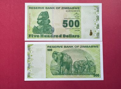 Zimbabwe  500 Dollars  2009. Verified Under Uv Light. ( Uncirculated )