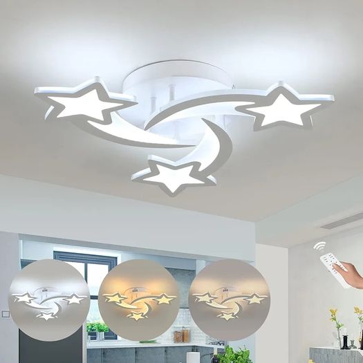 Dimmable LED Ceiling Lights, 30W Modern Acrylic Ceiling Lamp, 3-Star Shape Chandelier Lighting Fixture with Remote Control for Children Room Living Room Bedroom Kitchen, Diameter 53cm