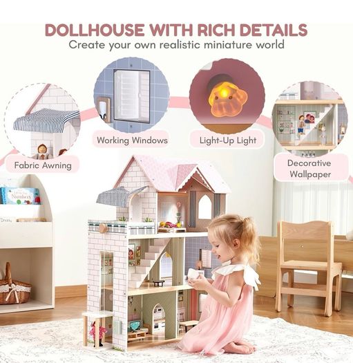 Wooden Dolls House, 2.6 Feet High with Elevator, Doorbell, Light 15 Pieces Furnitures and 3 Dolls, Toys Suitable for Girls Aged 3-7+, Birthday and Christmas Gift