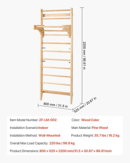 Swedish Ladder Wall Gym, 10-Level Solid Wood Indoor Jungle Gym, 220lbs Loading Indoor Playground Climbing Ladder for Kid Adults, Gymnastic Stall Bars with Pull-Up Bar - Ideal Gift for Boys Girls