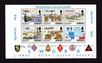 1994 Jersey 50th Anniversary of D-Day Commemorative Stamps Booklet Pane for Sword Beach Mint Never Hinged (MNH)