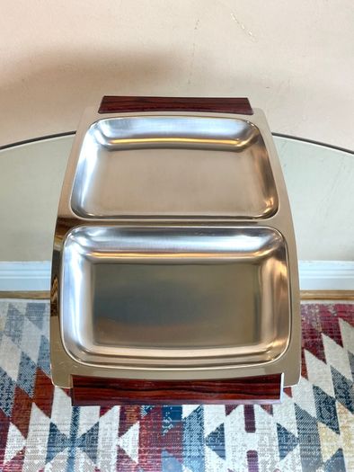 Mid Century Steel & Rosewood Serving Platter, Hong Kong, Vintage Danish Style