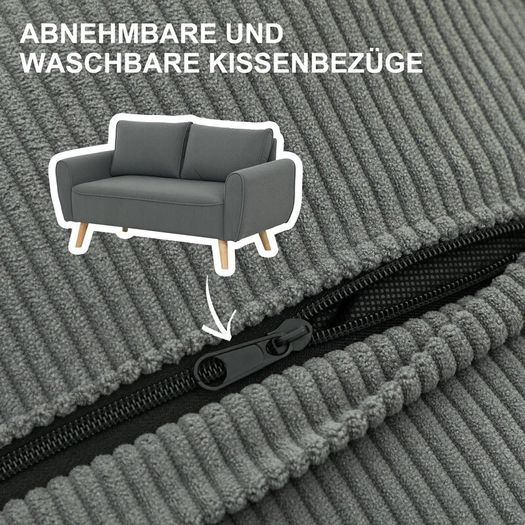 Two-Seater Sofa, Fabric Couch, 2 Back Cushions, Cord Cover, 145 x 75 x 78 cm, Anthracite