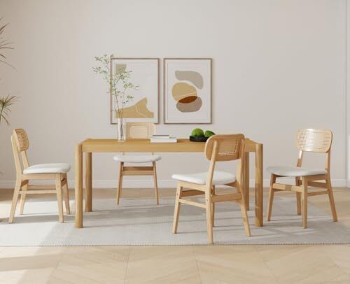 Set of 2 PU Leather Rattan Dining Room Chairs Upholstered Chairs with Solid Wood Legs
