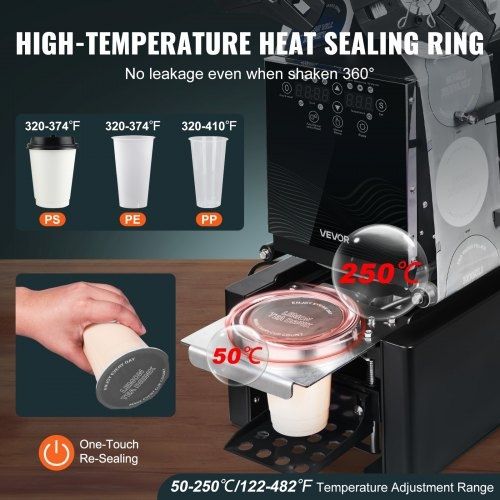 Fully Automatic Cup Sealing Machine, 500-650 Cups/H, Cup Sealer Machine for 190 mm Tall & 90/95 mm Cup, Electric Boba Tea Sealer with Digital Control LCD Panel for Bubble Milk Tea Coffee, Black
