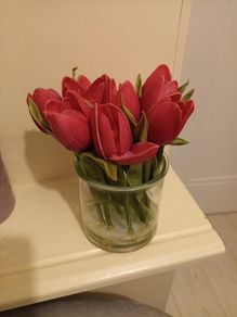 Faux pink  tulip posy in glass vase