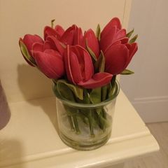 Faux pink  tulip posy in glass vase