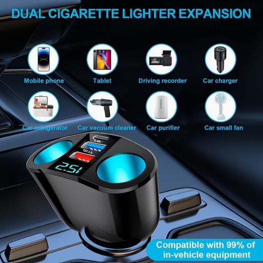 Car Cigarette Lighter Adapter, USB + Type-C Car Phone Charger Adapter,