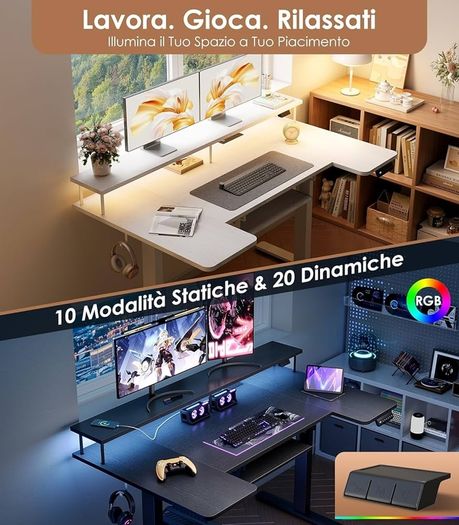 Standing Desk, 140cm U Shaped Height Adjustable Desk with Monitor Stand, Electric Sit Stand Rising Table with Sockets, Gaming Computer Table with LED Light for Home Office Workstation, Black