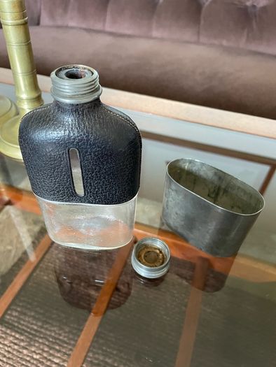 Edwardian Pewter Glass and Leather Gentlemans Hip Flask
