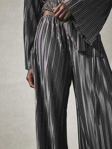 Brand New Nothing Ordinary Charcoal Grey Plisse Wide Leg Trousers in Size UK14