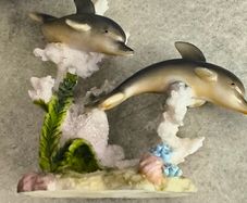 Resin Dolphin Mother and Pup Coral Reef Figurine Realistic Shelf Sitter Decor