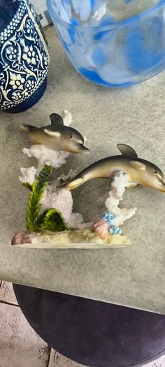 Resin Dolphin Mother and Pup Coral Reef Figurine Realistic Shelf Sitter Decor