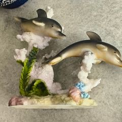 Resin Dolphin Mother and Pup Coral Reef Figurine Realistic Shelf Sitter Decor