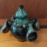 Fabulous Gourd Shaped Bulgarian Pottery Bottle in Brown with Mint Green Drip Glaze, with Five Matching Hanging Cups Image 5