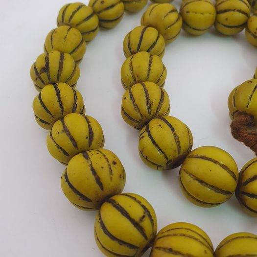 Antique African Yellow Melon Shape Glass beads Necklace Strands