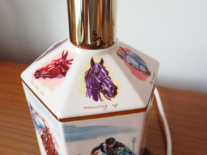 Vintage "Pointers of London & Edinburgh" porcelain  table lamp with wooden base and horse racing theme  height 30cm