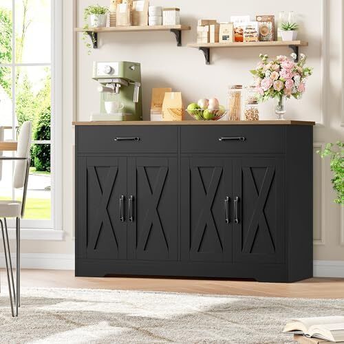 Sideboard, 120 cm Wide Kitchen Cabinet with Worktops, Kitchen Buffet Storage Cabinet with 2 Drawers and 4 Doors, Living Room, Kitchen, Hallway, Black & Brown