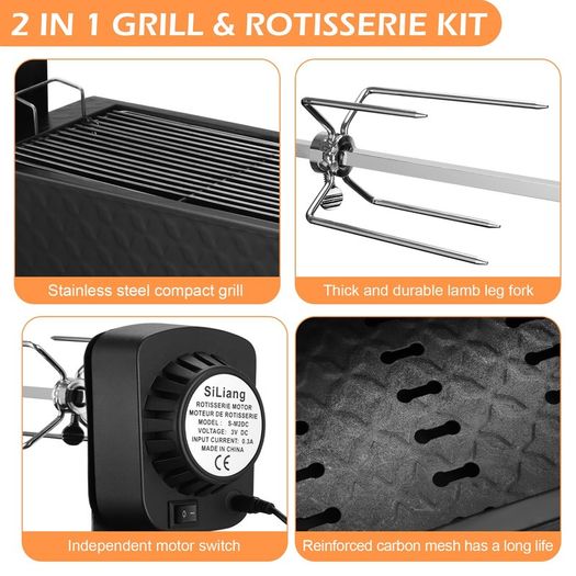 EU UK US 2-in-1 Grill&Electric Rotisserie Kit Automatic Barbecue BBQ Outdoor Folding Roaster, Roast Stove Grill Stainless Steel