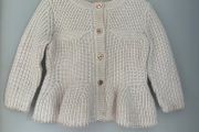 Ted Baker Baby chunky knit blush cardigan with flared peplum waistline &amp; metallic trim and rose gold heart buttons  Sz 6-12 mths EUC
