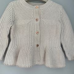 Ted Baker Baby chunky knit blush cardigan with flared peplum waistline & metallic trim and rose gold heart buttons  Sz 6-12 mths EUC