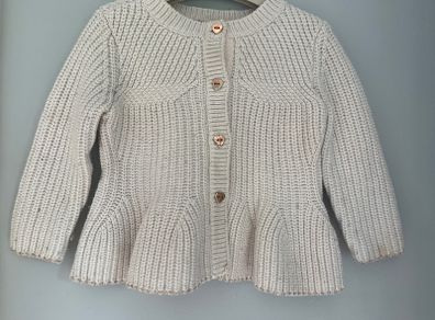 Ted Baker Baby chunky knit blush cardigan with flared peplum waistline & metallic trim and rose gold heart buttons  Sz 6-12 mths EUC