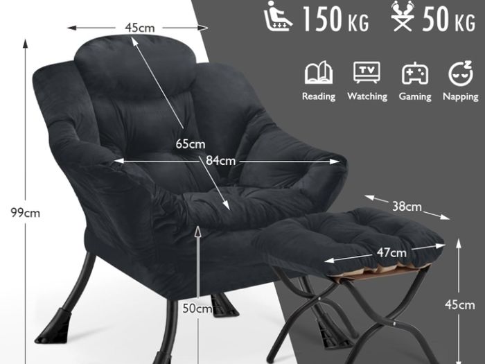Armchair Living Room Comfy Armchair Reading Chair with Footstool Lazy Accent Chairs Bedroom Cuddle Chairs, for Living Room Bedroom Study Room Office, Black