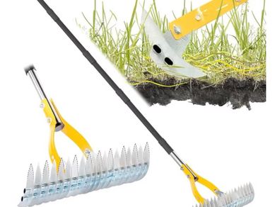 38cm Adjustable Head Weed Tool, Dethatcher Rake to Cleaning Dead Grass with 188cm Adjustable Handle, Steel Metal Thatching Rake for Grass, Garden, Yard