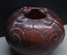 Brazilian Terracotta Folk Art Pottery Vessel with Frogs Signed Elizabeth Paiva 12cm