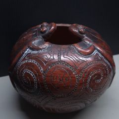 Brazilian Terracotta Folk Art Pottery Vessel with Frogs Signed Elizabeth Paiva 12cm