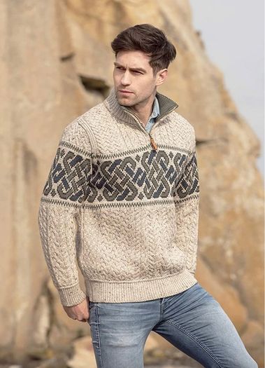 Aran Crafts Celtic Jacquard Zip Sweater | Oatmeal size L