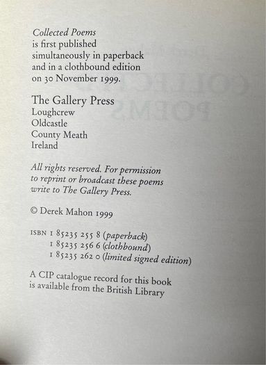 Derek Mahon Collected Poems (1999 HB)