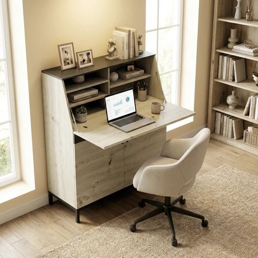 Industrial Secretary Desk with Shelves and Metal Frame 100 cm Natural Wood and Black