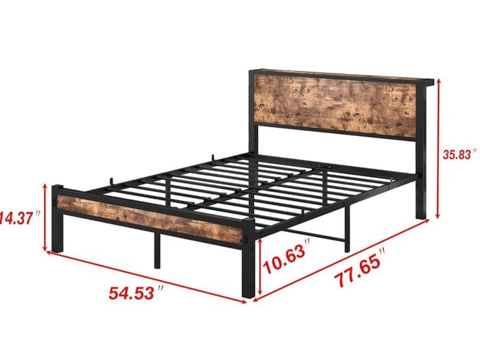 Double Bed Frame with Wooden Storage Shelf Headboard, Metal Platform