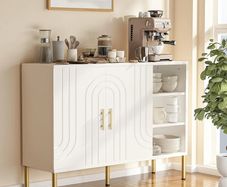 Sideboard with Curved Texture, Wooden Storage Cabinet with 2 Doors and 3 Tier Shelves, Cupboard, Buffet for Living Room, Kitchen, Hallway, Cream Colour, 110 X 35 X 82 cm
