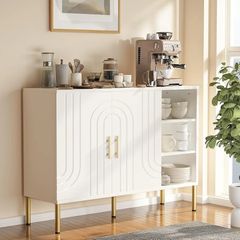 Sideboard with Curved Texture, Wooden Storage Cabinet with 2 Doors and 3 Tier Shelves, Cupboard, Buffet for Living Room, Kitchen, Hallway, Cream Colour, 110 X 35 X 82 cm