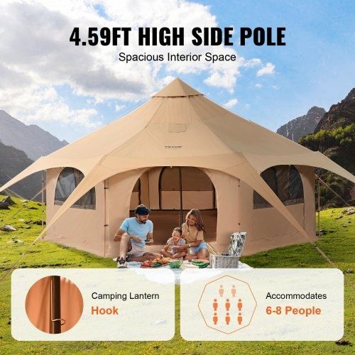 Canvas Tent, 4 Seasons 5 m/16.4 ft Bell Tent, Canvas Tent for Camping with Stove Jack, Breathable Yurt Tent for up to 8 People