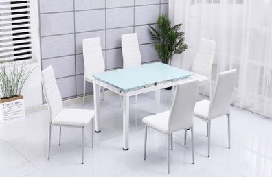 Extendable Glass Dining Table Set 6 chairs white