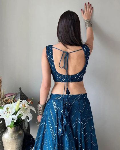 Navy Blue Lehenga Choli with Embroidery & Sequence Work - Un stitched (Size: XS-S-M-L)