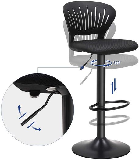_Bar Stool Set of 2 Height Adjustable with Crown Backrest 360 Degree Rotating Comfortable Padded Seat Kitchen Bar Black