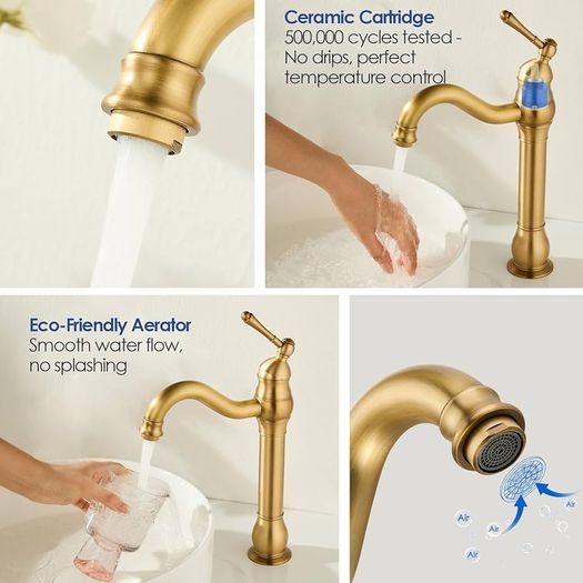 Antique Brass Vintage Retro Tall Tap for Bathroom Basin, High Rise Bathroom Sink Mixer Tap with 360 Swivel Spout, Brass Construction Basin Mixer Tap, Cloakroom Classic Countertop