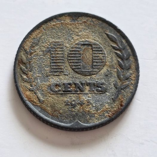 1943 Netherlands 10 Cents Zinc Coin - WWII German Occupation