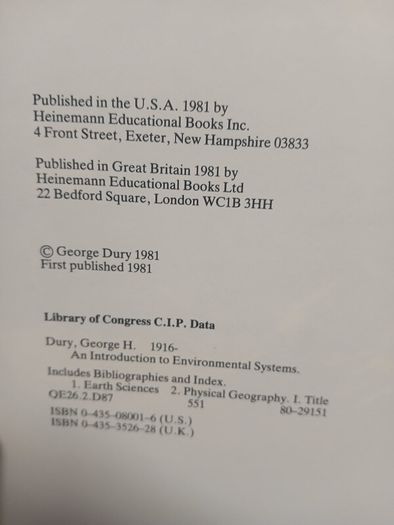 An Introduction to Environmental Systems - G.H. Dury