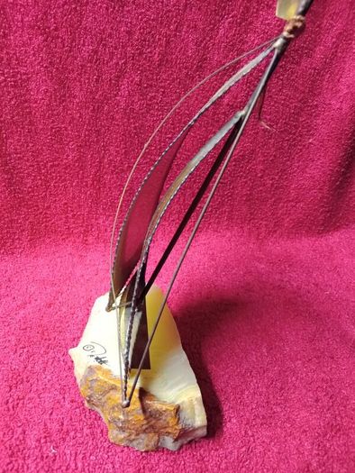 Vintage 1970's Sculpture Brass /  Metal Sailboat On Onyx Stone Base -Signed DeMott