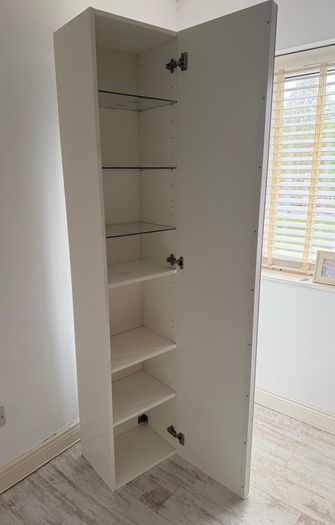 IKEA GODMORGON tall gloss white cabinet with glass shelves, 192cm