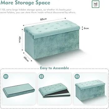 Folding Velvet Ottoman Storage Bench,Footrest Stool Seat,Toy Chest Storage Box with Lid,Footstool for Living Room,Green,80x40x40cm